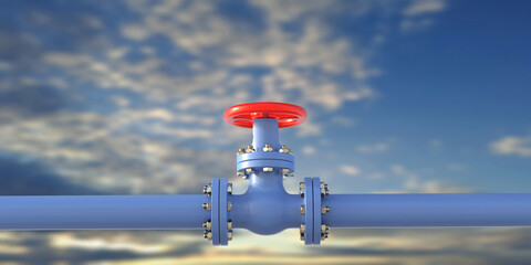 Fototapeta na wymiar Industrial water pipe blue color and valve on blue sky background. 3d illustration