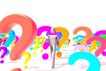 3D character, all white, in human form walking through a multitude of multicolored  question marks, on a white background.
