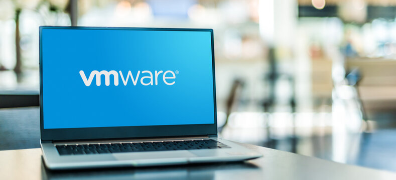 Laptop computer displaying logo of VMware