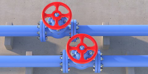 Industrial water pipes blue color and valves on concrete wall background. 3d illustration