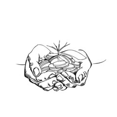 Coins in hands. Concept saving money.Graphic drawing sketch. Vector