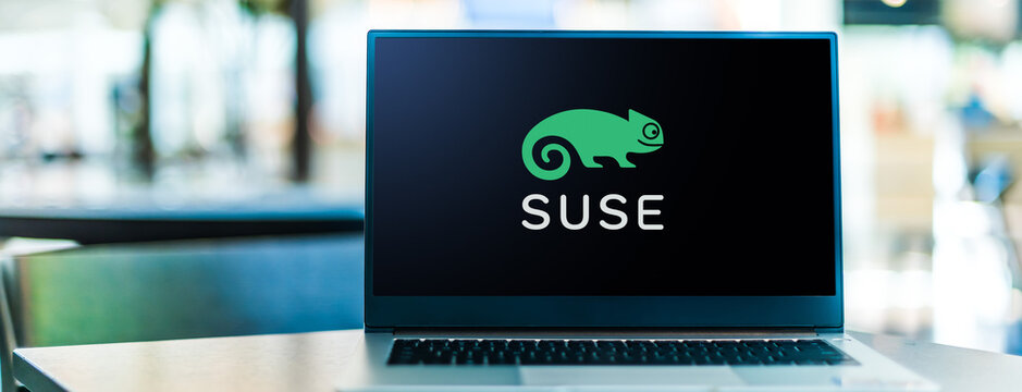 Laptop computer displaying logo of SUSE
