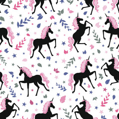 Seamless pattern with unicorns and flowers. Vector illustration.