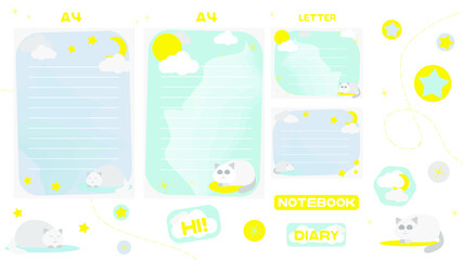 Note paper a4 letter elements for print diary  book cat night cute 