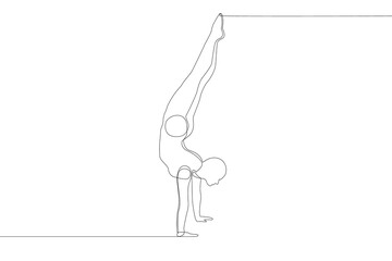 One continuous line drawing. A male acrobat stands in his arms. Vector illustration.