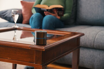 Wireless speaker in front of woman sitting on a sofa and reading