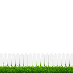 White Fence With Green Grass And White Background, Vector Illustration