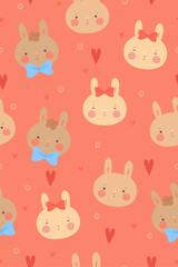 Seamless pattern with cute rabbits and hearts. Vector graphics.