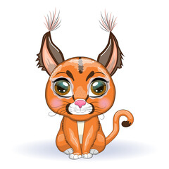 Caracal steppe lynx with beautiful eyes in cartoon style, colorful illustration for children. Caracal cat with characteristic ears, spots