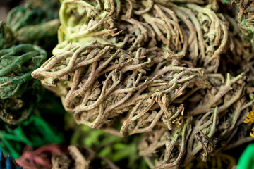 Colored dried seaweed shaped into decorative balls