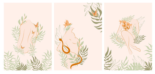 Collection of posters with beautiful Women bodies art with plants and flowers in one line style. Blooming abstract Woman.  Minimalistic style. Vector illustration.