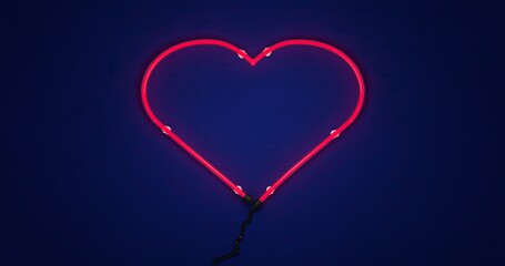 Render of Valentine's Day bright heart retro neon sign on a dirt blue wall