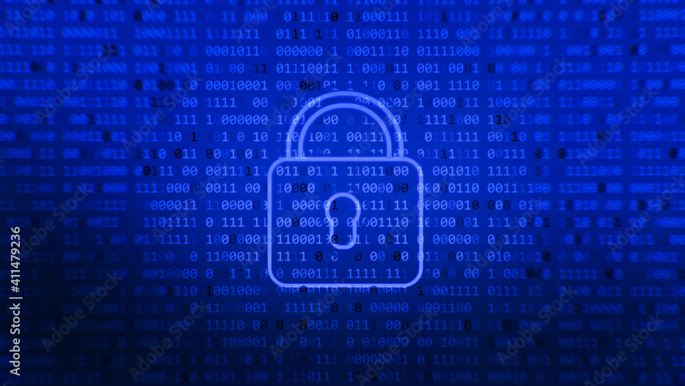 Poster digital lock guard sign binary code number. big data personal information safety technology closed p