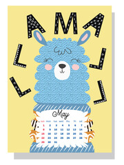 Cute monthly calendar of 2022 with a llama, cactus, inscriptions in the Scandinavian children's style.