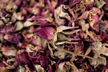 Macro texture of natural dry rose herbal tea