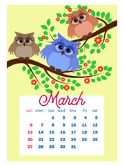 Calendar 2022. Cute calendar with funny cartoon owls