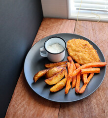 Chicken schnitzel with garlic mayo and sweet potato chips and spicy wedges 