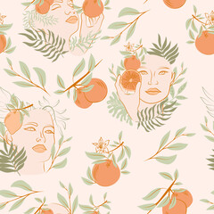 Seamless pattern with blooming Woman portrait, fruit, leaf. Line art background. Editable vector illustration