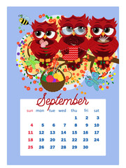 Calendar 2022. Cute owls and birds for every month