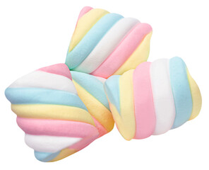 Colorful marshmallows candy isolated on white background. Huge, big marshmallow macro top view image.