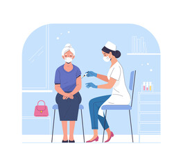 Obraz na płótnie Canvas Vaccination of the elderly. Vector modern illustration of a senior woman and a doctor with a syringe. Isolated on abstract background