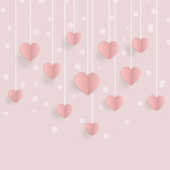 Web banner with a decoration of hanging paper hearts on a pastel pink background. Decorative holiday banner, holiday web poster, romantic flyer, brochure.