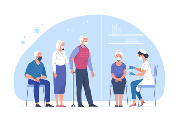 
Vaccination of the elderly against coronavirus. Vector illustration of an elderly woman vaccinated by a doctor and a queue of people waiting. Isolated on background 