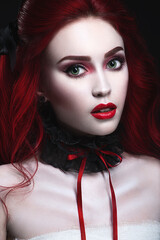 Young model with red lips and ribbon