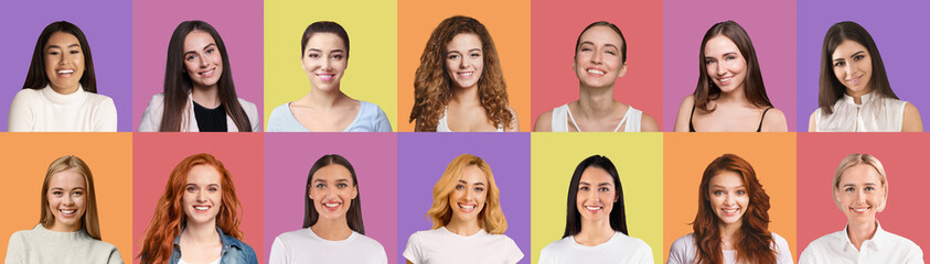 Set of pretty young multiracial women closeup portraits, collage