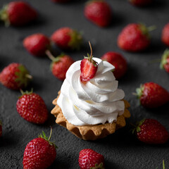 Dessert for Valentines Day. tartlet with strawberries. Sweetness for a loved one. Sweet passion. Red passion. Passionate impulse. Womens weakness. Fast carbohydrates. Tasty but not healthy.