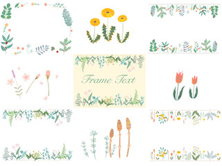 春のオシャレなお花と葉っぱのかわいい植物フレームセット素材