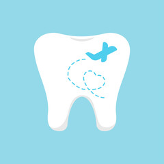 Dental tourism logo with tooth and airplane medical icon. Plane fly on white molar tooth sign with heart shape track isolated on blue background. Flat design cartoon vector logo illustration.