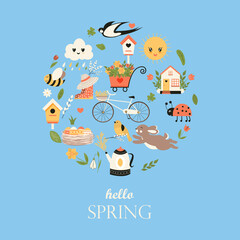 Easter Spring set. Collection of cute animals, birds and insects, blooming flowers and floral decorations, bicycle Bright colored vector illustration in flat cartoon style.