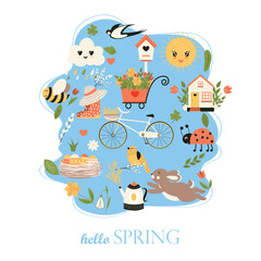 Easter Spring set. Collection of cute animals, birds and insects, blooming flowers and floral decorations, bicycle Bright colored vector illustration in flat cartoon style.