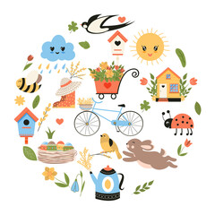 Easter Spring set. Collection of cute animals, birds and insects, blooming flowers and floral decorations, bicycle Bright colored vector illustration in flat cartoon style.