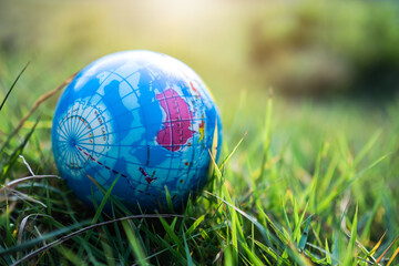 Globe or earth on grass with green blured. saving  protect, environment, arbor day, card for world earth day,  conservation.