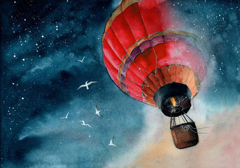 Watercolor illustration of a red air baloon in starry night sky with white seagulls  © Мария Тарасова