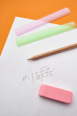 Pencil, ruler and rubber, paper sheet, stationery