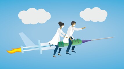 Obraz premium Health care people flying on syringe. Dimension 16:9. Vector illustration. EPS10.