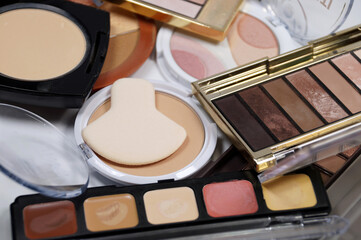 Set of makeup cosmetics. Various products, colors and types.
