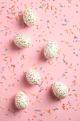 Cute colorful Easter eggs on pink background. Minimal style. Flat lay, top view.