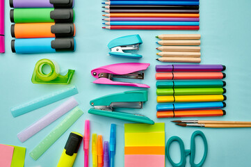 Office stationery supplies, blue background
