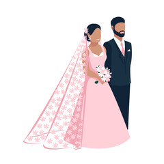 Happy bride and groom get married. Flat vector illustration of lovers bride in lace flower veil and groom in classic black suit. Isolated over white background.