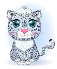 Cartoon snow leopard with expressive eyes. Wild animals, character, childish cute style.