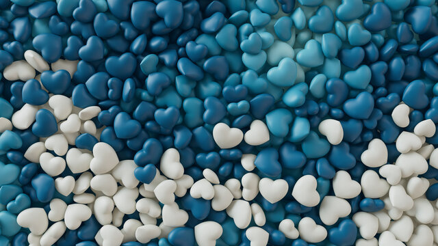 Multicolored Heart background. Valentine Wallpaper with Blue, Cyan and White love hearts. 3D Render 