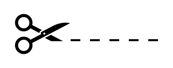Scissors with cut line. Black scissors cutting. Vector icon.