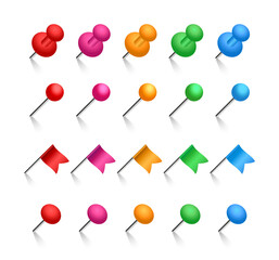 Colored pins set. Push pins, flags and stationery needles. Vector illustration.