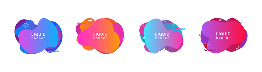 Set of abstract modern liquid shapes. Dynamical gradient elements. Abstract fluid banners with geometric shapes in memphis style. Vector illustration.