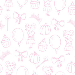 Seamless pattern for girls. Pink magic wand, bow, mouse in dress, pumpkin, balloon, cupcake and diadem on a white background. Hand drawing. Vector illustration.