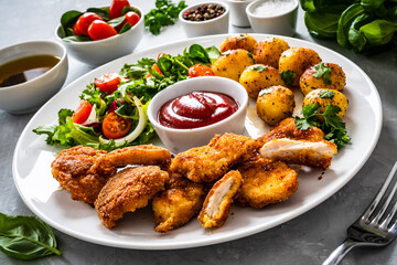 Fried breaded chicken nuggets with fried potatoes  and fresh vegetables
